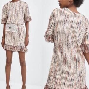 Zara fringe jacquard tweed dress white, orange, and navy striped mini dress